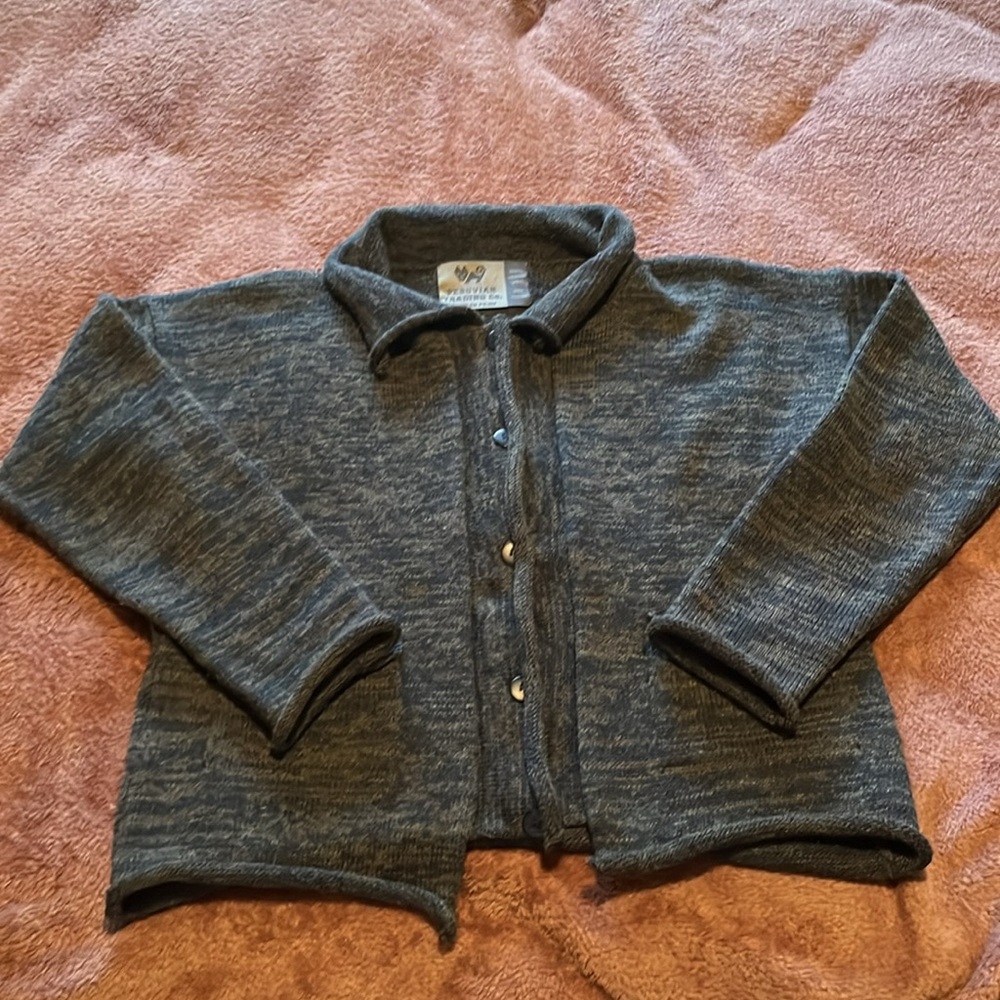 Peruvian Trading Co 100% Merino Wool Sweater Sz M Women Cardigan Marl Blue Gray